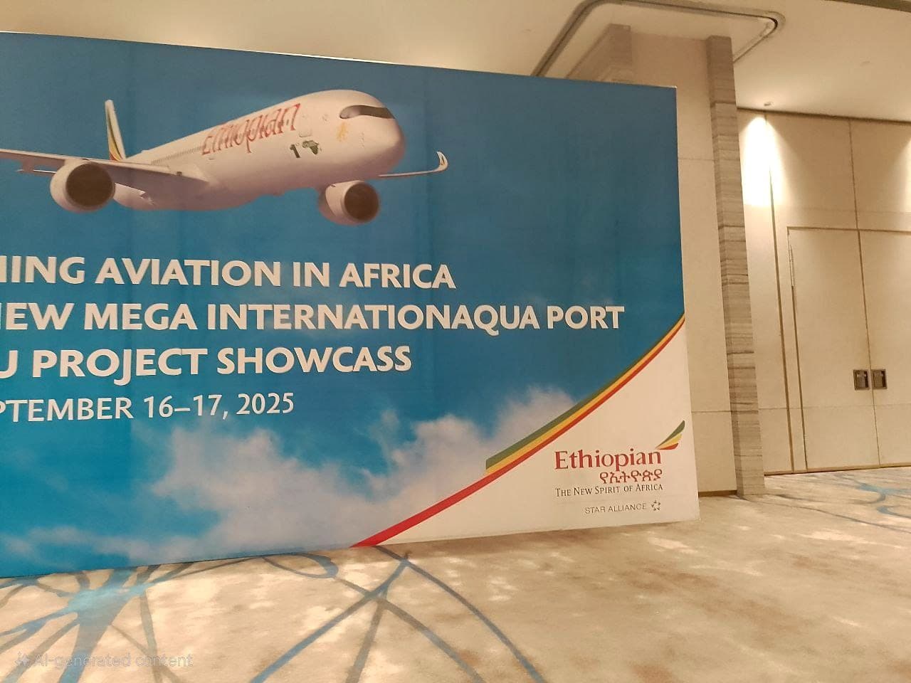 Large Ethiopian Airlines backdrop showing an aircraft in flight, set up for an aviation project showcase in a hotel ballroom