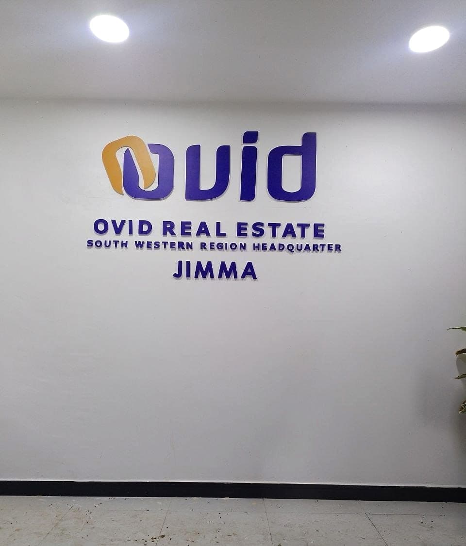 Ovid Real Estate dimensional lettering on a white reception wall