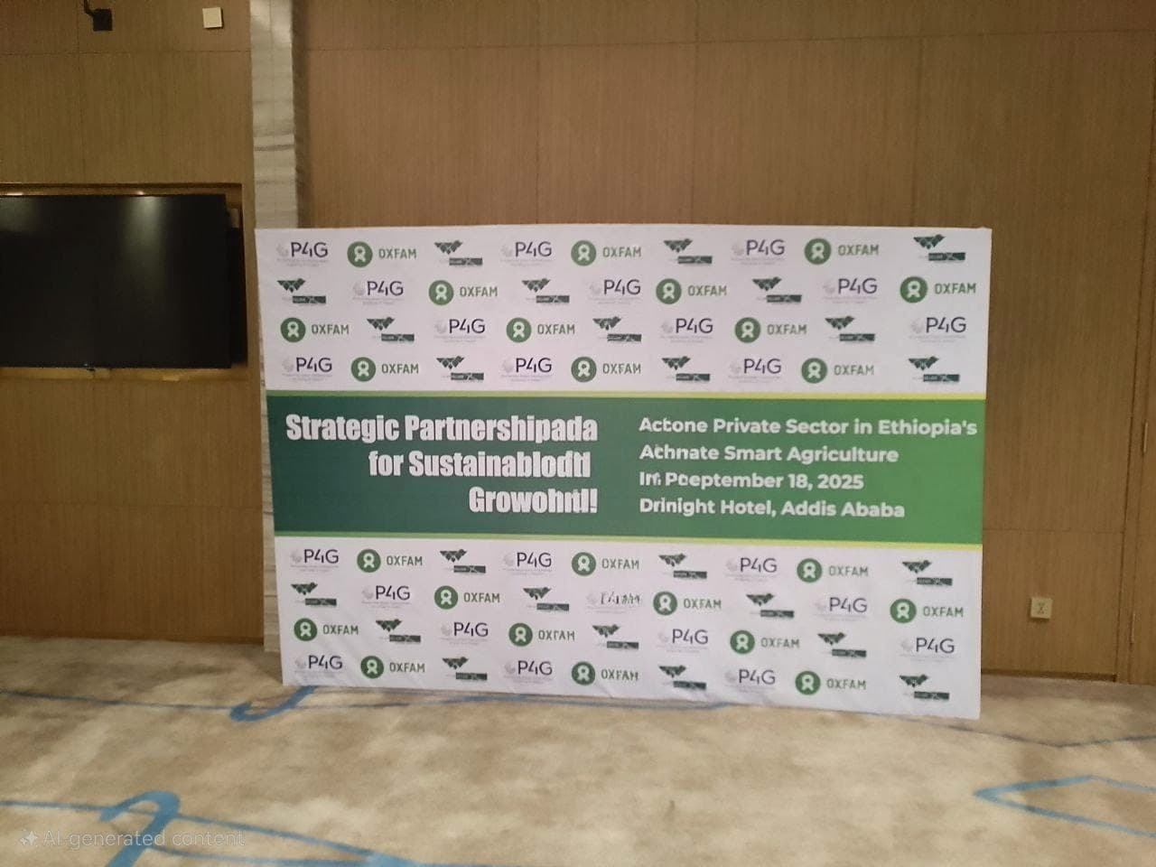 The Oxfam and P4G press wall standing in a hotel conference room ready for the event
