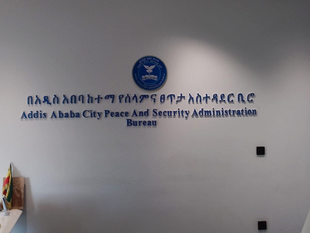 Blue dimensional lettering and a raised crest mounted on a white reception wall, in Amharic and English